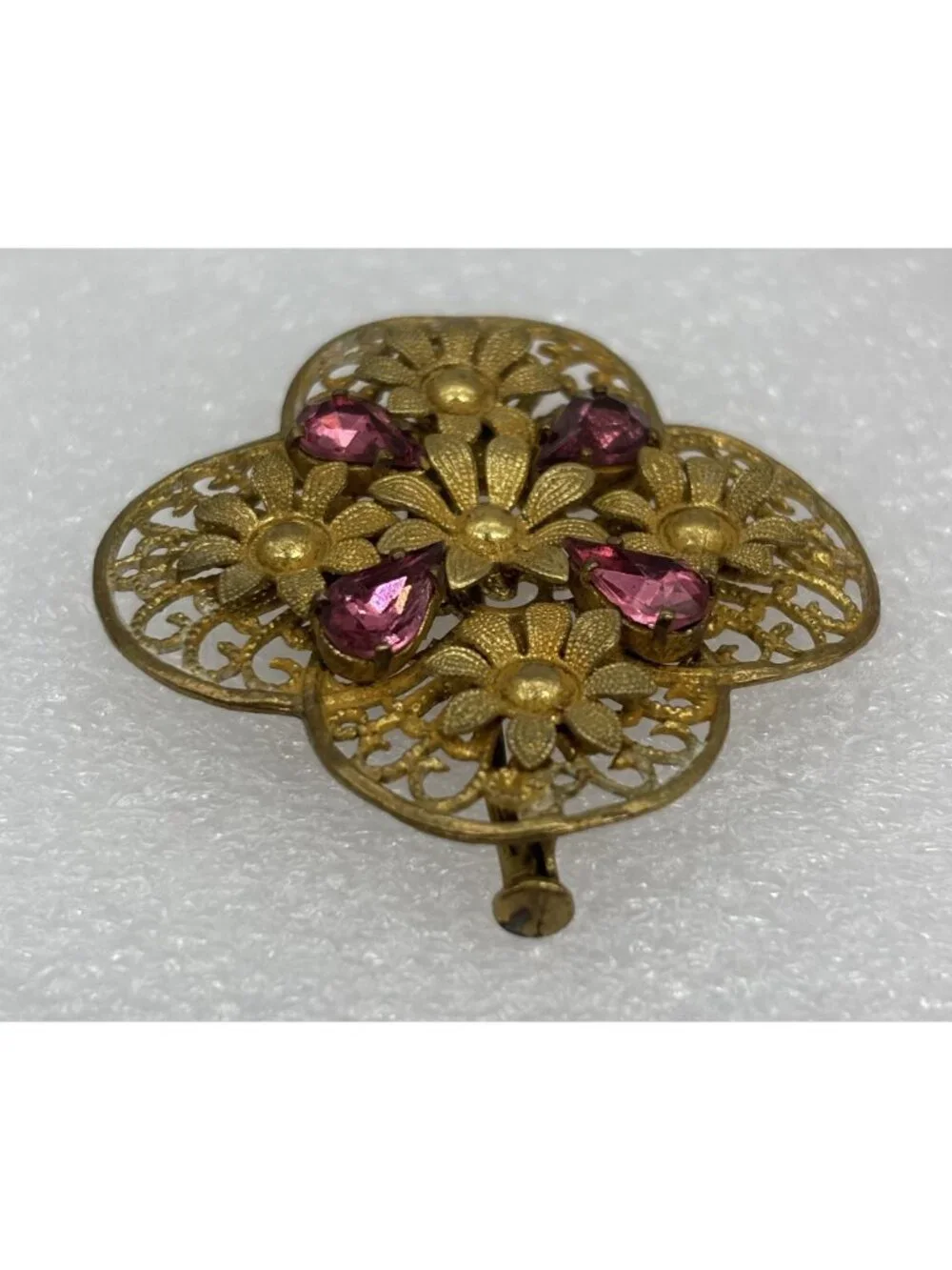 Vintage Czech Filigree Brooch Gold Tone Teardrop Pink Rhinestones Trombone Clasp
